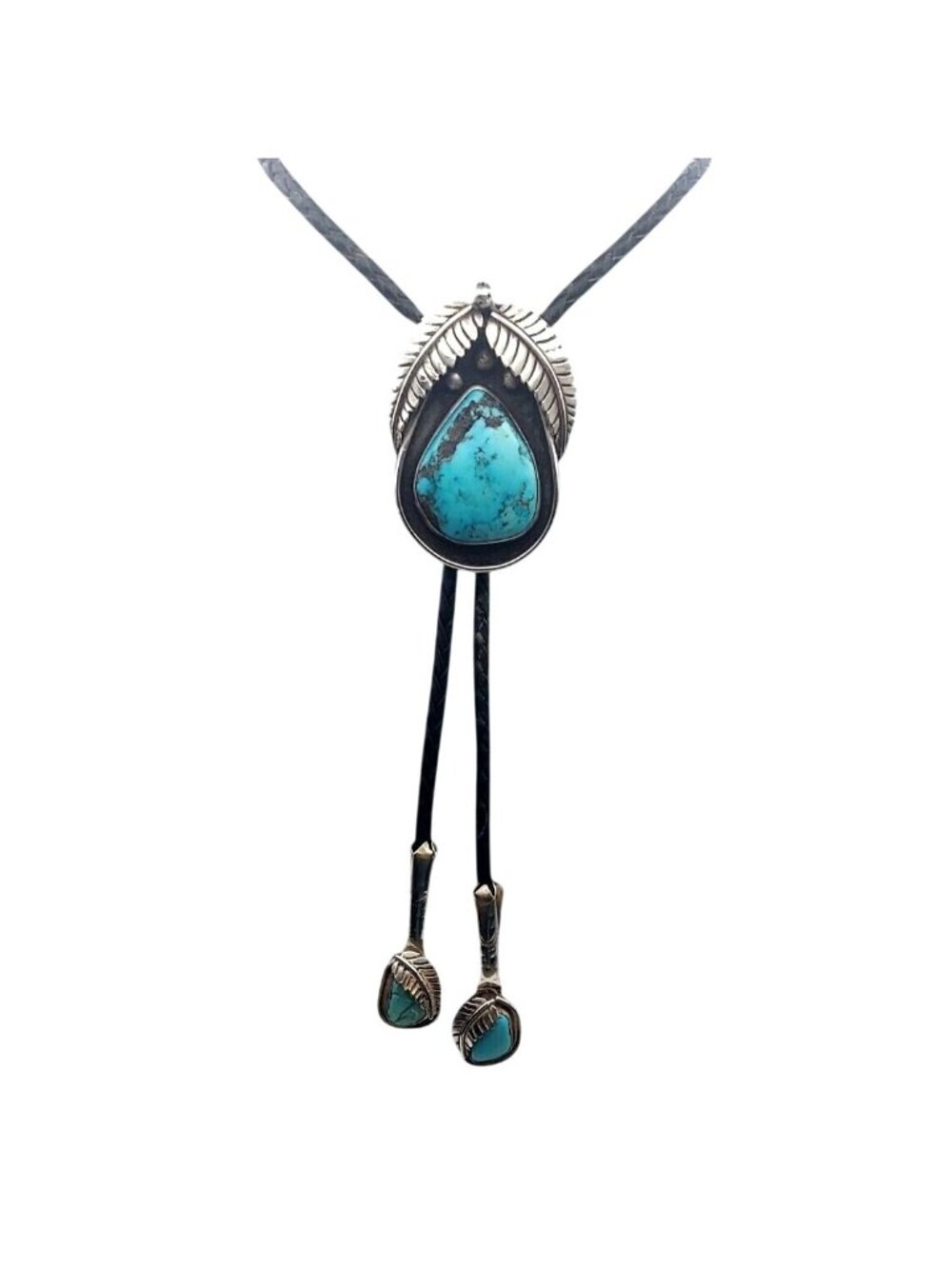 Navajo Large Turquoise Cabochon Silver Slide Braided Leather Bolo Tie Signed